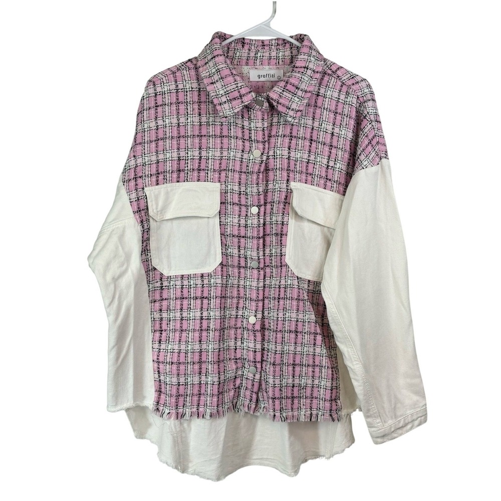 Graffiti White Denim Shacket LARGE Pink Tweed Plaid Oversized Fall Casual Preppy